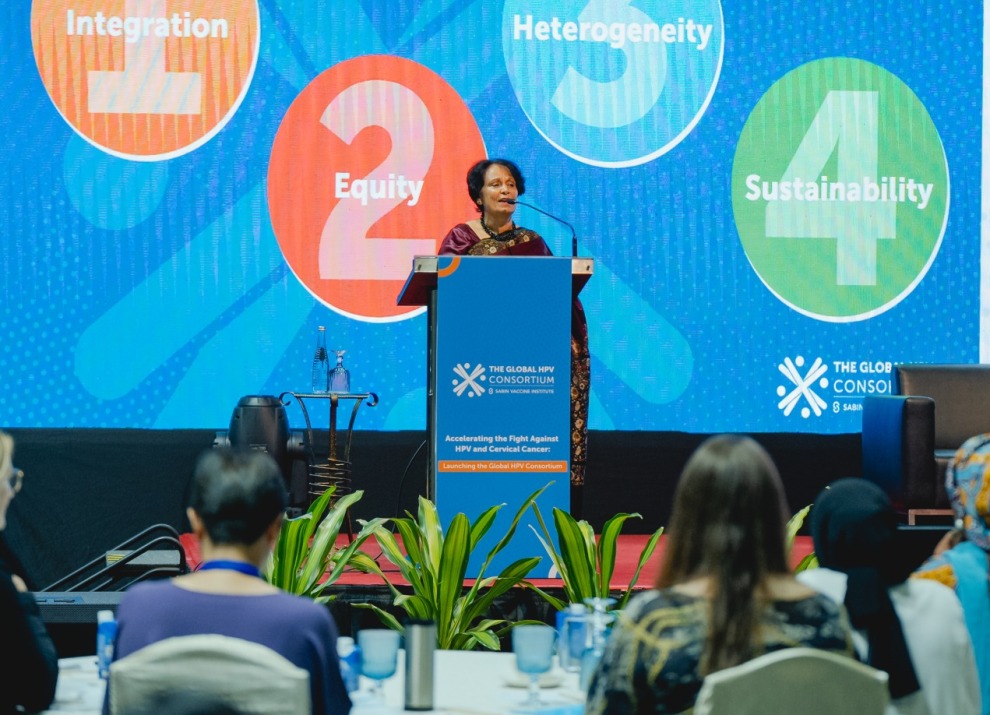 Anuradha Gupta speaking at the Global HPV Consortium Launch event.