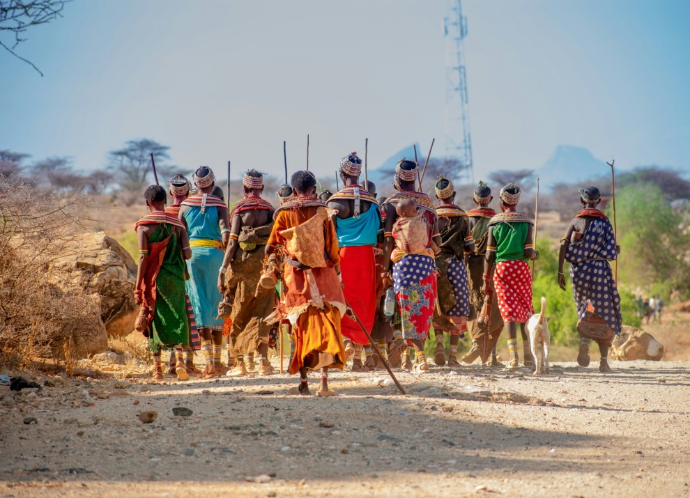 Group of people walking away from the camera.