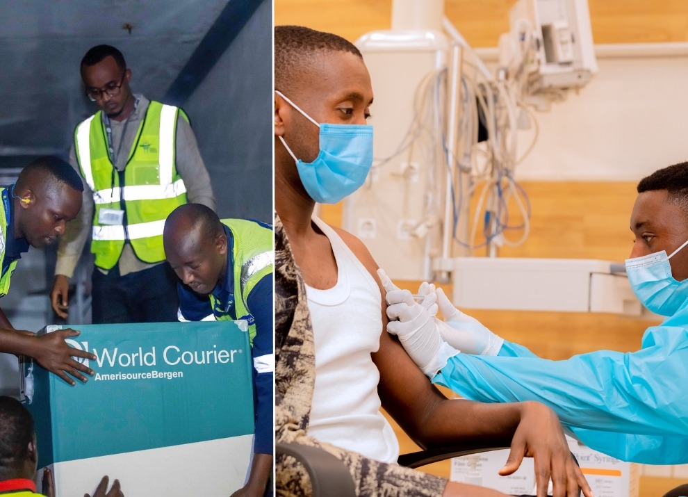 Image of delivery of vaccines and a patient getting a shot.