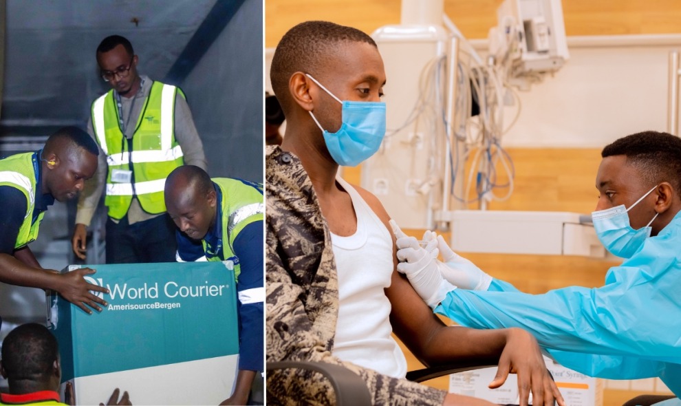Image of delivery of vaccines and a patient getting a shot.